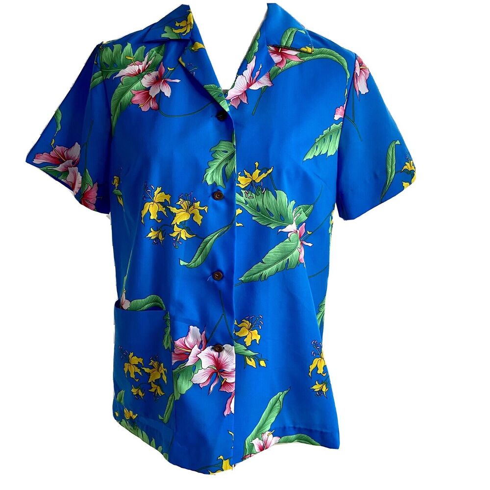 Vintage 50’s Royal Hawaiian Sz 12 Womens Blue Floral Button Up Shirt (Couples)
